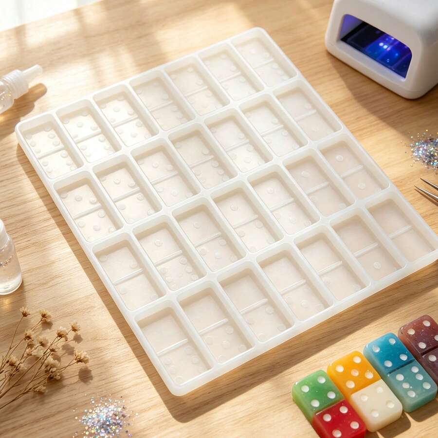 1pc 28 Blocks Silicone Mold For Domino Game, Diy Crystal Epoxy Resin Dropping Mold With Cute Cartoon Pattern, Early Education And Math Learning Educational Toy - White - View 1