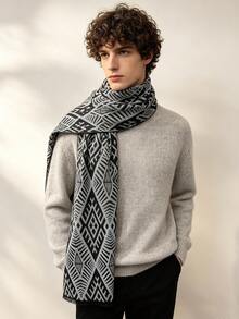 1pc Faux Cashmere Premium Diamond Geometric Jacquard Warm Scarf, Men's New Autumn/Winter Fashion Versatile Style Suitable For Matching And Decoration - Dark Grey - View 2
