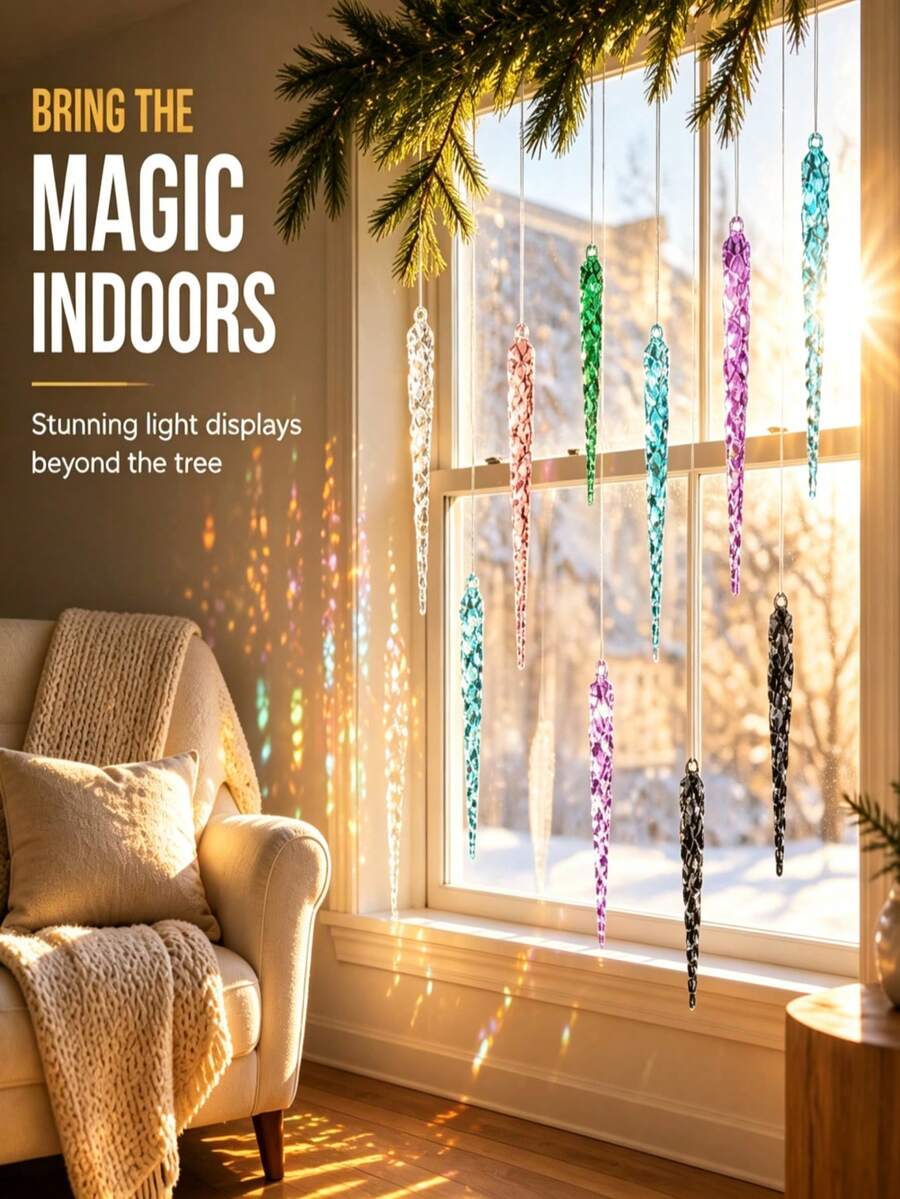 1 Set 12pcs 13cm Shatterproof Acrylic Icicle Christmas Hanging Ornaments, Diamond Refraction Lightweight Tree Decor, Durable Holiday Home Decoration, Multicolor