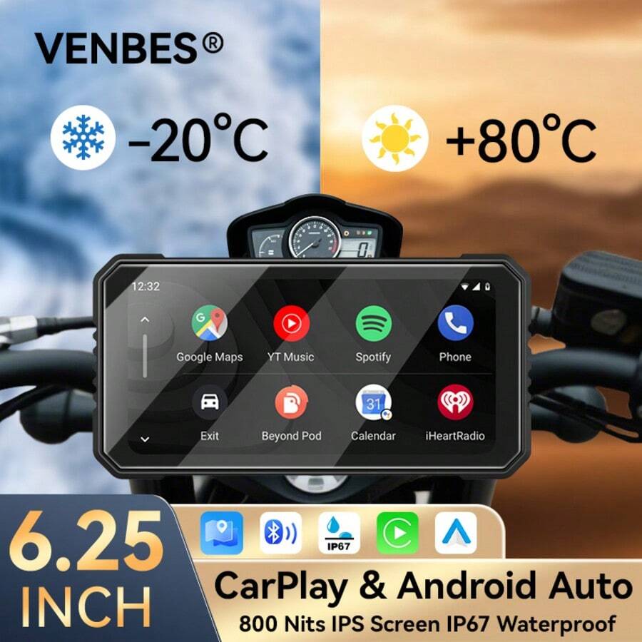 VENBES 6.25 Inch Waterproof Motorcycle PND Touchscreen, Wireless CarPlay And Android Auto Motorcycle Display, Bluetooth Media Player, Optional Dual DVR Camera