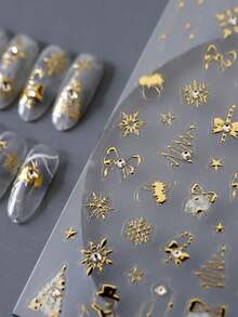 1 Sheet Metallic Texture Nail Stickers, Exquisite Gilded Christmas Tree Snowflake Bow Candy Cane Star Ornament Embossed Self‑Adhesive Decals, Luxurious Holiday Nail Decor For Party & Daily DIY - Gold - View 1
