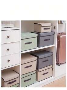 2/1pc Foldable Linen Storage Box With Handle And Lid, Stackable Fabric Storage Bin For Home Organization, Clothes And Toys Storage, For Bedroom Wardrobe, Collapsible For Space-Saving Storage When Not In Use, Breathable Linen Fabric, Dust-Proof, Protects Clothes And Items From Dust, Reinforced Built-In Handle For Easy Pulling And Moving From Shelves, Sturdy Structure, Multiple Boxes Can Be Stacked To Maximize Vertical Space In Wardrobe, Suitable For Storing Clothes, Underwear, Toys, Books And Various Items In Wardrobe And Bedroom - Beige - View 4