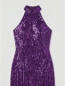 FEELAIR New Sexy Backless Fitted Heavy Embellished Sequin Midi Dress, Suitable For Wedding Bridesmaid, Birthday, Party, Formal Evening Dinner, Slit Dress - Purple - View 10