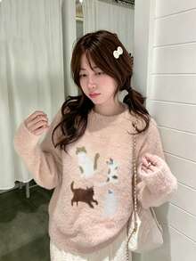 Sweater Rajut Jacquard Motif Kucing untuk Wanita, Pullover Longgar Leher Bulat, Musim Gugur/Dingin - Berwarna merah muda - View 6