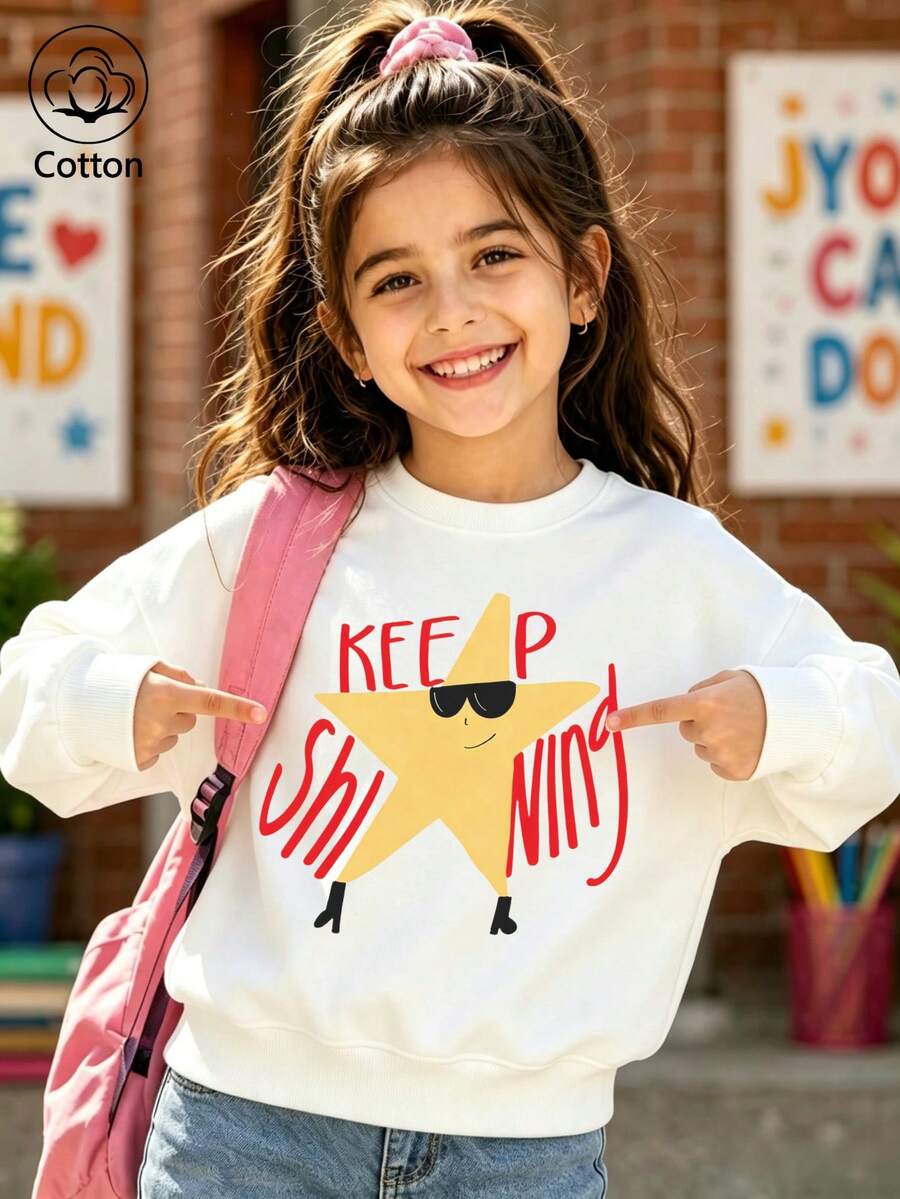 Children's White Crew-Neck Sweatshirt KEEP SHINING With Sunglasses, Cartoon Stars, And Graffiti Print, Long-Sleeve - White - View 1