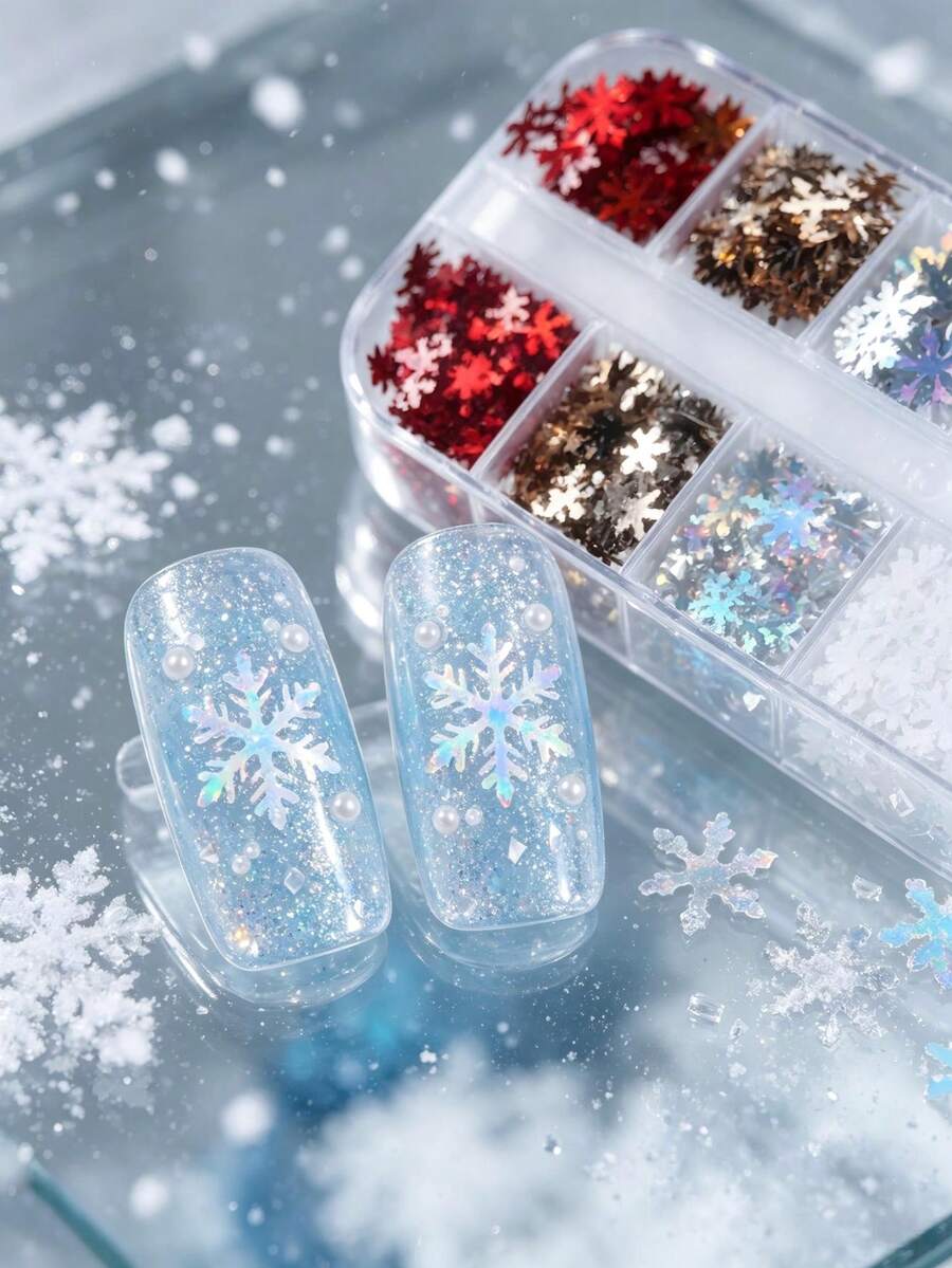 2件組聖誕彩色雪花美甲亮片套組,全息雷射超薄雪花亮片,冬季DIY可穿戴美甲裝飾配件 - 彩色 - 查看 1