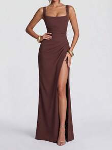 Sexy Summer Spaghetti Strap Lace Up High Quality High Slit Backless Ruched Brown Long Maxi Bodycon Dress Night Out Evening Party Dress - Brown - View 8