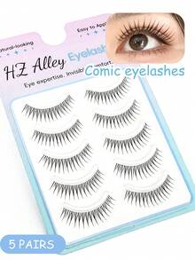 5 Pairs Pointed Tail Cartoon Eye Invisible Stem False Eyelashes, Wet Tip Girl Group Style, Natural Curl, Defined Strands, Fresh Sweet Korean-Japanese Big Eye Look, Soft Lightweight Faux Mink Hair - Black - View 8