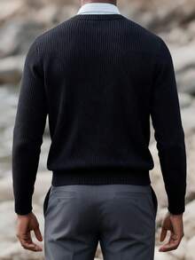 Men's Solid Color Crew Neck Jacquard Thick Vertical Stripe Knit Sweater, Loose Textured Basic Pullover Inner Layer For Autumn/Winter - Black - View 3