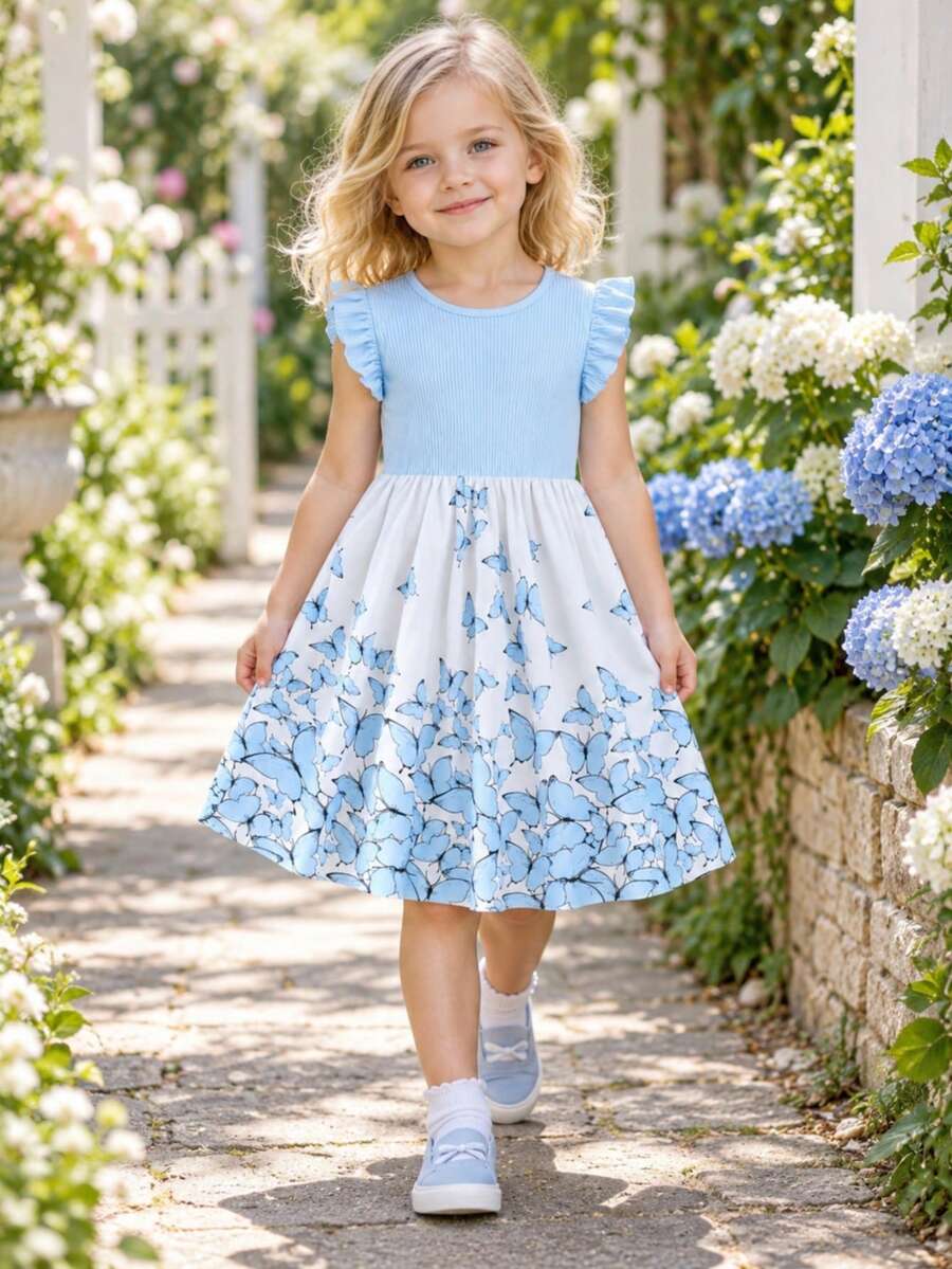 Tween Girls Elegant Floral Print Patchwork Cap Sleeve Casual Dress, Summer - Baby Blue - View 1