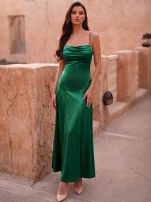 Women's Elegant Sexy Dark Green Cowl Neck Backless Criss-Cross Tie Dress, Luxury Evening Gown For Wedding Bridesmaid, Party, Cocktail, Autumn/Winter - Dark Green - View 1