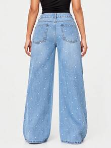 Low Waist Wide Leg Casual Blue Slanted Pocket Curved Women'S Jeans Heat-Transfer Rhinestones - Baby Blue - View 2