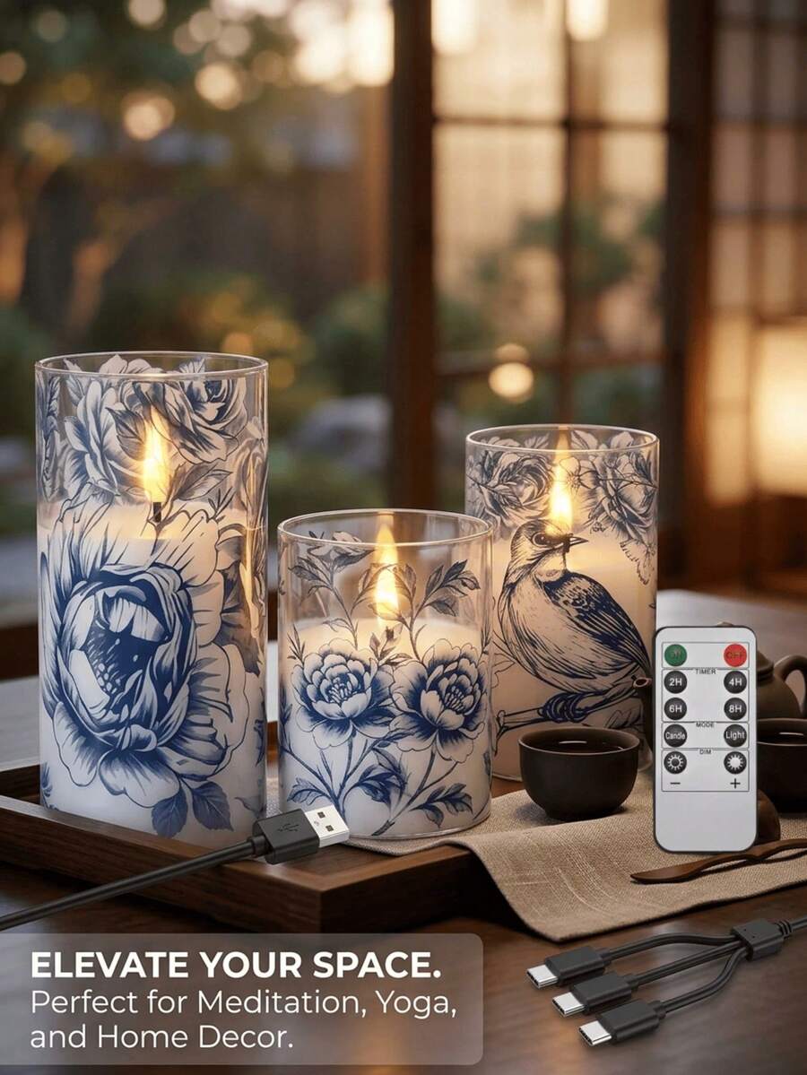 3pcs Blue And White Floral Pattern Electronic Candle Set (Rechargeable) Remote Control Timer LED Flameless Candles French Vintage Blue And White Floral Design Romantic Atmosphere Decor Christmas / Wedding / Birthday / Valentine's Day / Party Home Decor