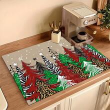 1pc Christmas Absorbent Mat, Christmas Tree Pattern, Kitchen Countertop Absorbent Drying Mat, Coffee Machine Mat, Pour Over Coffee Pot Mat, Dish Drainer Mat, Non-Slip Heat-Resistant Kitchen Mat, Dining Table Mat, Breakfast Mat, Washing Machine Mat, Home Kitchen Dining Table Coffee Shop Bar Decor Mat, Holiday Party Housewarming Gift - Multicolor - View 10