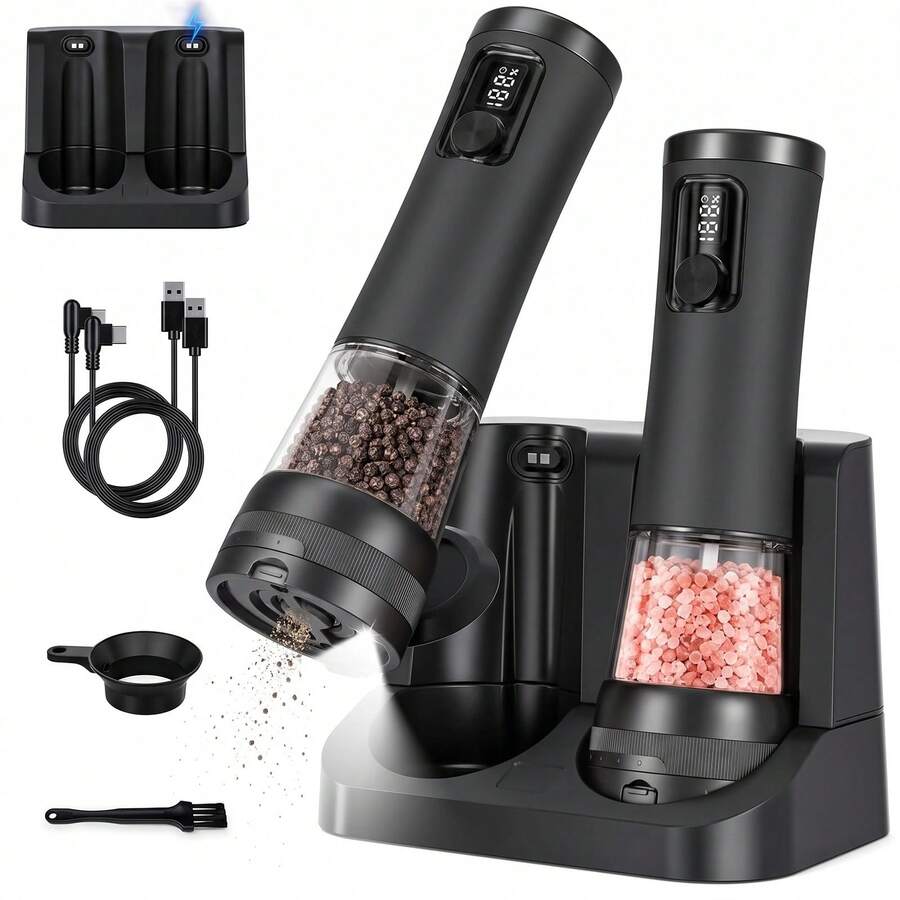 Electric Salt And Pepper Grinder Set, Rechargeable USB-C With Charging Base, External Adjustable Coarseness Dial, 100ml Large Capacity Container, LED Light For Precise Seasoning, One-Hand Operation, Ideal For Kitchen, BBQ, Parties, Restaurants - Black - View 1