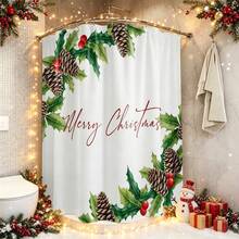 1件裝聖誕莓果花卉與Merry Christmas圖案浴簾，復古設計，防水，適用於浴缸隔簾，浴室裝飾與配件，聖誕裝飾，居家裝飾禮品，附12個掛鉤 - 彩色 - 查看 6