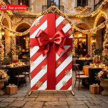 2D Flat Printed Christmas Arch Backdrop Cover, Red & White Striped Gift Box, Large Bow & Snowflake Pattern Elastic Curved Background Cloth, Christmas Party Photo Booth Decoration - SDJGMZ26A012 - View 5