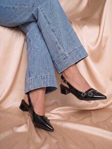 Zapatos de tacón alto con diseño de hebilla y punta afilada para uso diario en el trabajo - Negro - Ver 1