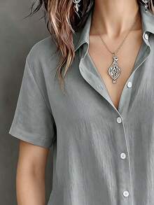 Casual Basic Plus Size Women's Button-Front Short Sleeve Shirt Blouse - Grey - View 4
