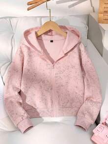 1pc Girls' Autumn/Winter Washed Hooded Sweatshirt, Full Zip Design, Soft & Comfortable, Casual Versatile Top For Young Girl' Outings And Daily Wear - Pink - View 2