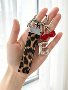 26 Alphabet Letter Keychain Pendant Creative Leopard Print PU Rope Key Strap, Cherry Charm, Car Keychain Pendant, Bag Charm Accessory, Key Decoration Accessory, 26 Letters To Choose From, Meaningful Gift For Family And Friends On Holidays - Brown - View 6
