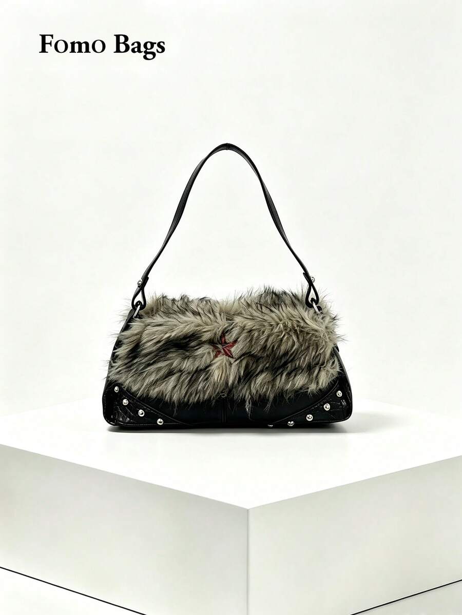 Japanese And Korean Style Niche Design Ins, New Fur Bag Shoulder Bag, Versatile Fashion Minimalist Commute, Outing, Daily Shopping Bag - Black - View 1