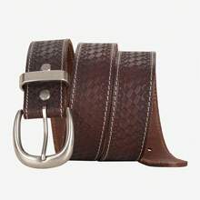 Men's Full Grain Leather Belt Featuring Oval Curved Pin Buckle And Textured Woven Emboss Pattern Across The Strap - SC543 - View 16