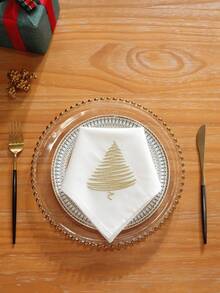 1pc 100% Polyester White Square Cloth Napkin With Golden Christmas Tree Embroidery, Reusable Fabric Dinner Napkin For Xmas Holiday Table Setting & Party Decoration - Multicolor - View 2
