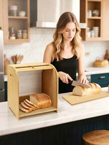 Brödbox i bambu med rullock, dubbellagrad stor kapacitet, fuktavvisande och dammtät trälåda, köksbänksorganizer för bröd, bakverk och torra snacks, för hembakare - Multifärgad - Visa 2