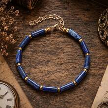 Lapis Lazuli Tube Bead Bracelet, Adjustable Gold Chain Natural Stone Bracelet, Symbolizing Wisdom, Intuition, Truth And Spirituality, Unisex Jewelry Gift - Multicolor - View 3