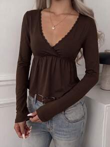 SCARLUX Autumn/Winter Y2K Women's Brown V-Neck Long Sleeve Knit Top, Suitable For Back To School, Street, Commute And Home Comfort Wear - Brown - View 5