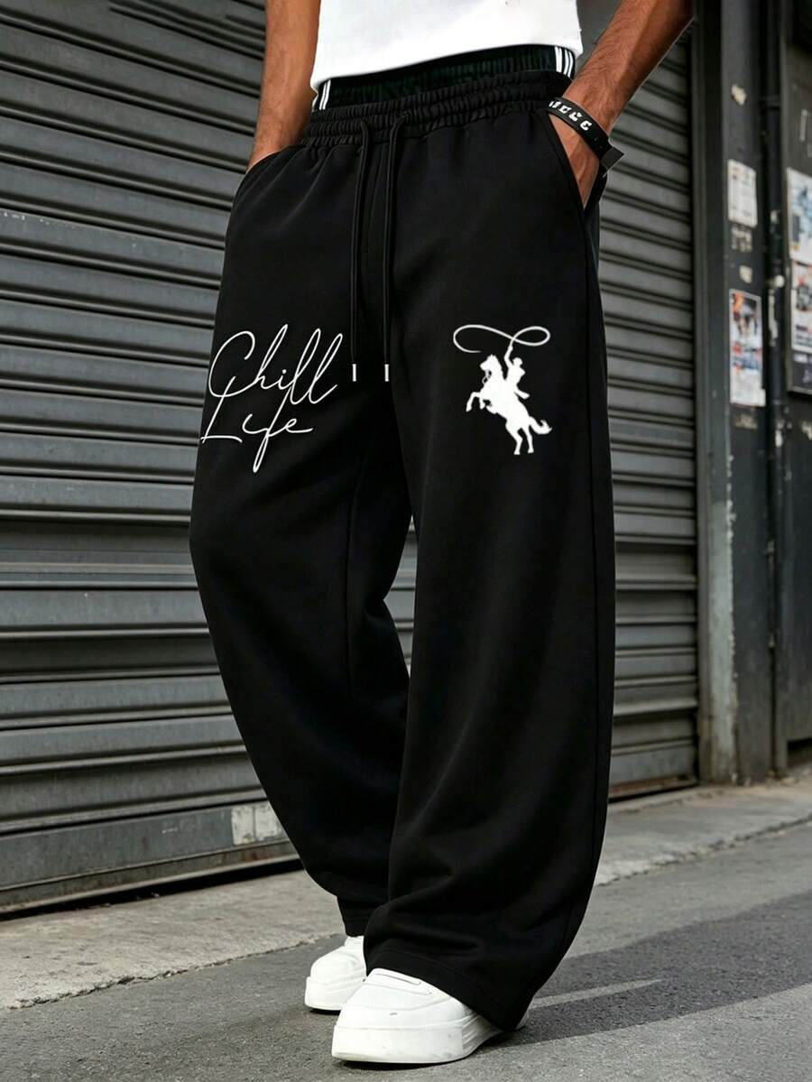 Men's Spring/Autumn Casual Fashion Letter Print Drawstring Waist Outdoor Hiking Minimalist Wide Leg Long Pants - Black - View 1