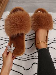 Spring Autumn Winter New Women's Faux Fur Open Toe Slippers, Fluffy Soft Plush Flat One-Strap Slides, Comfortable Warm Indoor Home Slippers - Brown - View 1