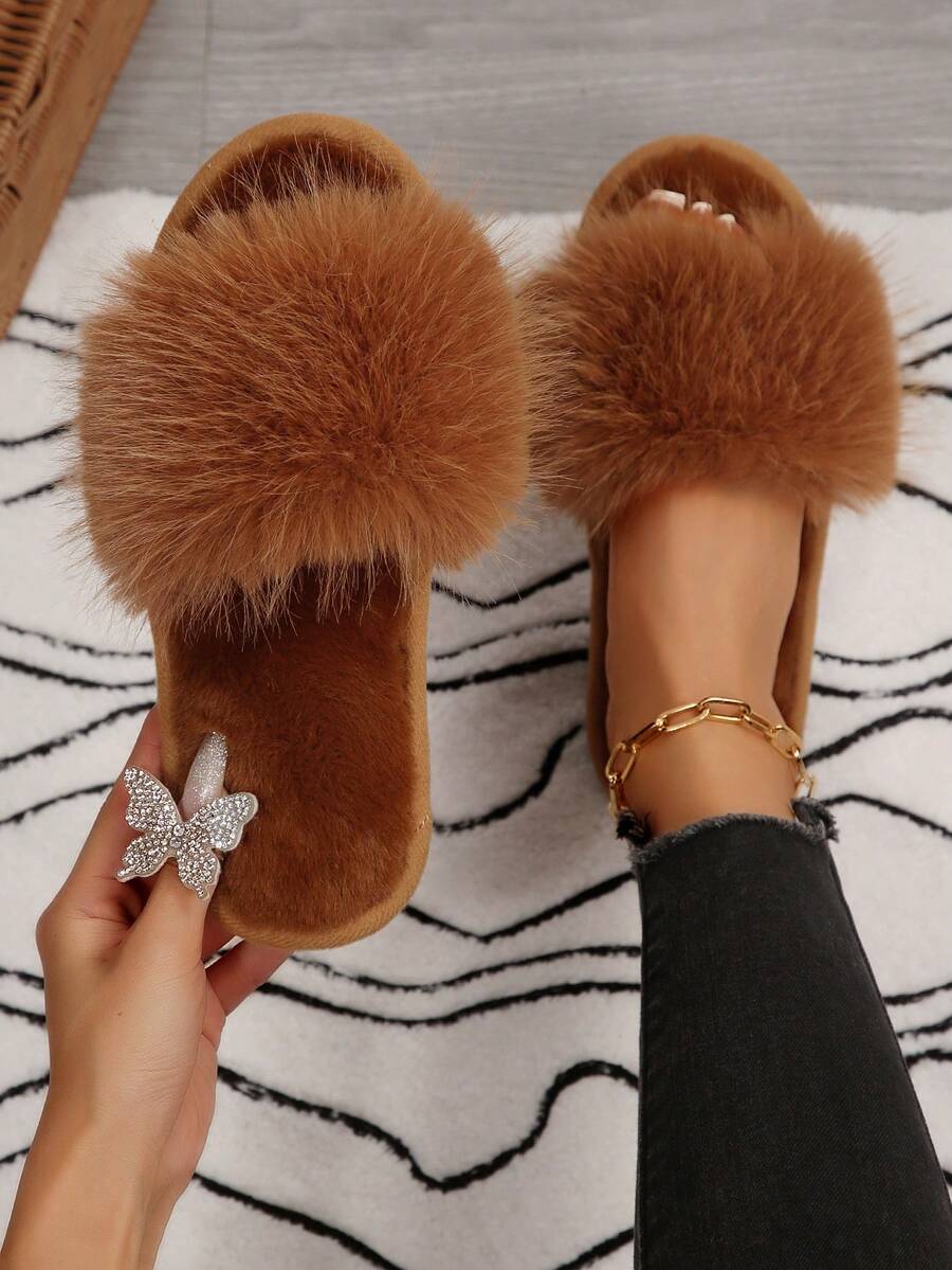 Spring Autumn Winter New Women's Faux Fur Open Toe Slippers, Fluffy Soft Plush Flat One-Strap Slides, Comfortable Warm Indoor Home Slippers - Brown - View 1