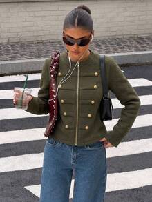 Fashion Green Winteroutfits Knitted Cardigan, Women's, Long Sleeve Military Style, Gold Buttons, Casual Fashion Jacket, Suitable For Autumn/Winter Wear - Army Green - View 1