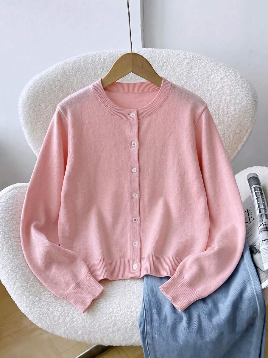 1pc Girls Big Tween Girl Autumn/Winter New Button-Up Cardigan Sweater, Simple Cute Casual Sports Long Sleeve Top - Pink - View 1