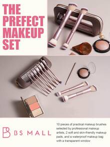 BS-MALL 10pcs Dual-Ended Purple Makeup Brush Set With Pink Triangle Pouch And Puff, Precise Application, Non-Irritating, No Shedding - Mauve Purple - View 5
