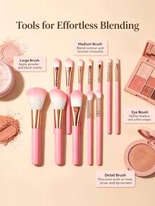 15Pcs Makeup Brush Set,Complete Cosmetic Kit For Foundation,Blush,Eyeshadow, Flawless Application For Makeup Beginners - Pink - View 7
