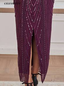 Elegant Purple Sequin Beaded Long Evening Gown, Soft Elastic Mesh Party Dress, Suitable For Christmas, Party, Wedding - Purple - View 9