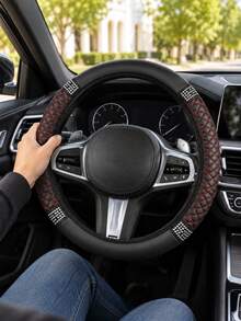 1件時尚耐用亮面軟皮革汽車方向盤套－防滑、耐熱耐寒保護套 - 黑色紅線 - 查看 7
