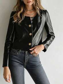 Women's Black PU Leather Gold Button Long Sleeve Round Neck Short Jacket, Autumn/Winter - Black - View 4