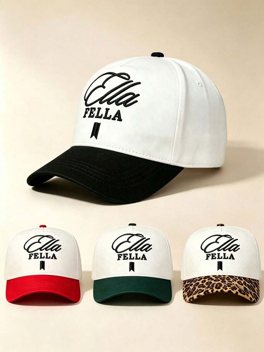 1pc Unisex Two-Tone Curved Brim Baseball Cap, Ella FELLA Script Letter Embroidery, Contrast Color Bill, Adjustable, For Daily, Street, Party & Travel