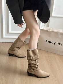 Sepatu Bot Setinggi Lutut Wanita Warna Hitam Gaya Koboi Barat, Sepatu Bot Berkuda Slip-On Ujung Lancip dengan Hak Tebal dan Tali Gesper Sabuk Vintage untuk Musim Gugur dan Musim Dingin - Khaki - View 4