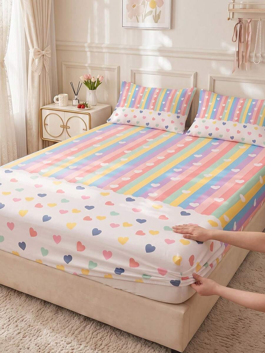 1 Set Printed Bedsheet Set, Soft & Comfortable, Dreamy Cloud Pattern, Mattress Protector, Skin-Friendly, Suitable For All-Season Use, Dust & Slip Resistant, Fits Full/Queen/King Size Beds, Machine Washable (Pillow Cases Not Included), Ideal Holiday Gift, Spring/Summer Decor