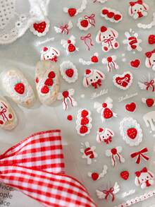 1pc Full Nail Size 5D Embossed Nail Stickers, Cute Strawberry Rabbit Bow Heart Lace Pattern, Japanese Style Creamy 3D Textured Design, Autumn Winter Christmas Party DIY Nail Art Decor - Multicolor - View 3