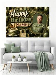 Customizable Name & Photo Camouflage Theme Happy Birthday Backdrop, Camo Balloons, Camo Cake, Gift Box, Party Hat Decor, Suitable For Birthday Party, Military Fan Birthday, Military Theme Party Photography Banner Vinyl Backdrop - Green - View 7