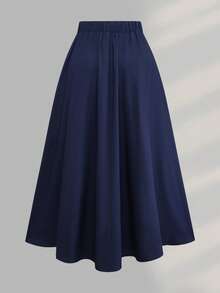 Women's Plus Size Elegant Fashion Minimalist Solid Color With Pockets Zipper Flared Hem Design Woven Fabric Casual Commute Daily Versatile Long Skirt For Autumn And Winter - Navy Blue - View 3