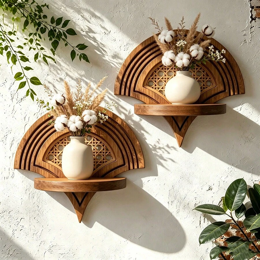 Sunburst Shelf - Fan Pattern Shelf - Rattan Caning Shelf - Arch Shelf - Art Deco Wall Decor - View 1