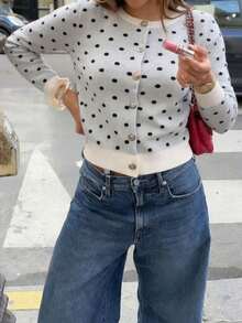 Live To Mo Women Polka Dot Cropped Knit Cardigan Long Sleeve Button Front Fall Back To School Top For Going Out Daily Office Wear - White Background With Black Dots - View 1