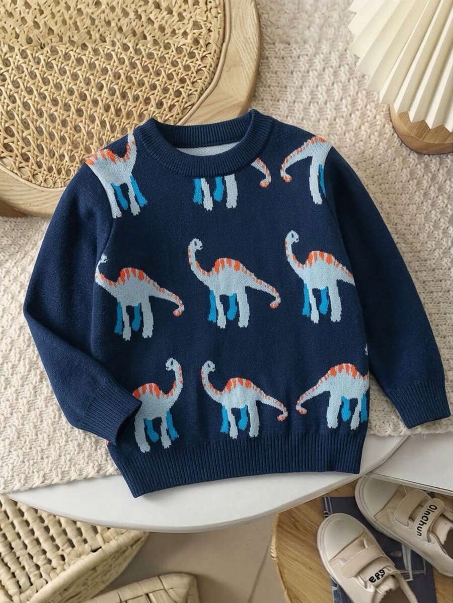 Boys Cute Colorful Dinosaur Pattern Round Neck Sweater Long Sleeve Knit Pullover Suitable For Daily Casual Wear Spring Autumn Winter - Navy Blue - View 1